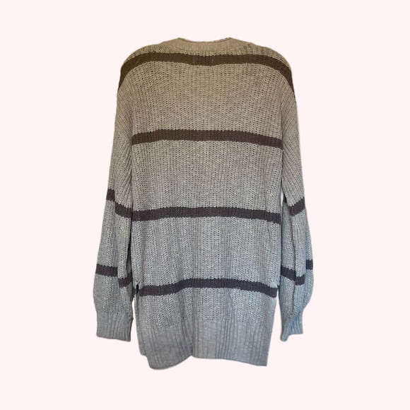 Pink Rose tan & brown striped half-button down oversized Knit Fall Sweater sizeM - Picture 2 of 9